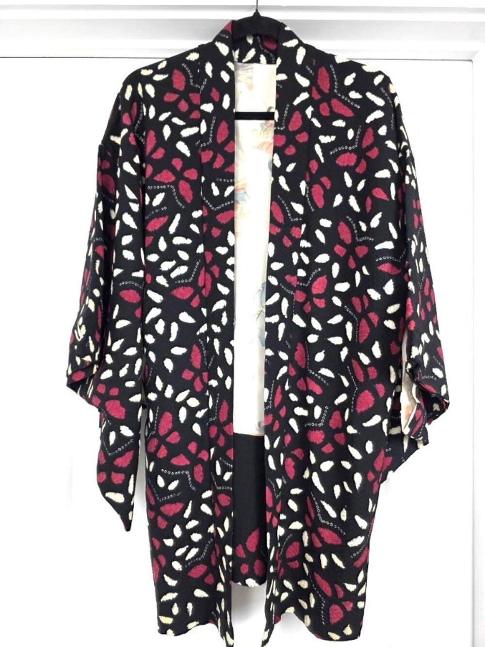 Vintage Japanese Silk Haori Kimono Jacket Black Burgundy Ivory Patterned Lined L